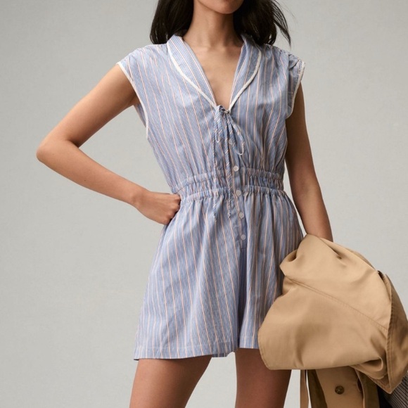 Anthropologie Blue White Red Striped Woman’s Cotton Romper Size XS New With Tags - Picture 1 of 11